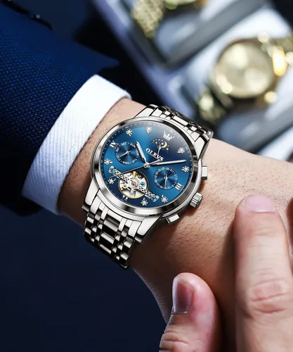 Vista 3 de OLEVS Relojes automáticos de cuerda automática para hombre, vestido de lujo, de acero inoxidable, de acero inoxidable, reloj de pulsera mecánico