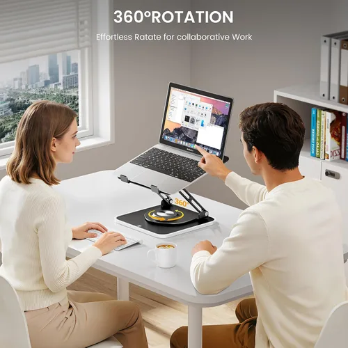 Vista 2 de Soporte para portátil RGB para escritorio, base giratoria de 360°, elevador ergonómico para laptop, soporte de aluminio ajustable en altura