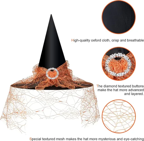 Vista 5 de Edoneery Sombrero de bruja de Halloween para mujer, encaje de malla, accesorio de disfraz de mago para fiestas de cosplay