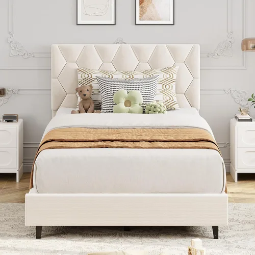 Vista 3 de GarveeHome Marco de Cama de Plataforma Tamaño Twin con Cabecera Tapizada y Soporte de Listones de Madera, Base de Colchón Tapizada/No Necesita Beige