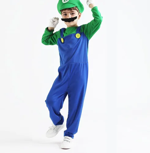 Vista 3 de Aoibox Disfraz de Super Brothers, overol de Halloween para niños con sombrero, bigote y guantes, fontanero M & L Cosplay