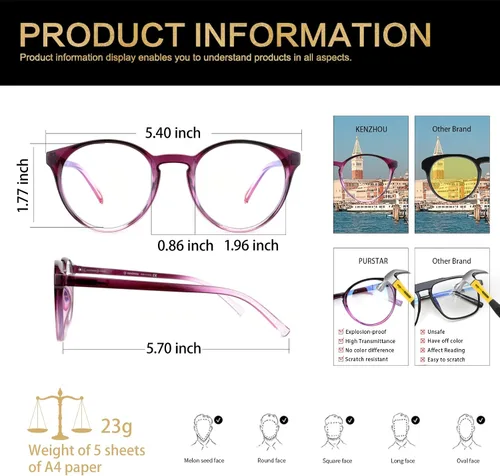 Vista 3 de K KENZHOU Blue Light Blocking Glasses Women Round Rim Frame Eyeglasses
