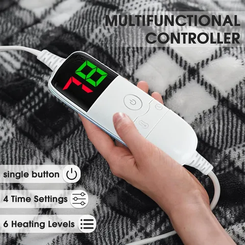 Vista 4 de Manta térmica negra eléctrica, manta térmica de 50 x 60 pulgadas con 10 niveles de calor y 8 horas de apagado automático, manta de sherpa suave a