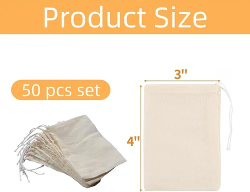 Vista 2 de Paquete de 50 bolsas de muselina de algodón natural reutilizables con cordón, bolsas de té reutilizables sin blanquear, bolsas de especias