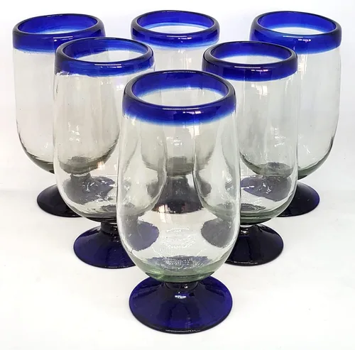 Vista 11 de Copas de agua con borde azul cobalto de 11 onzas (juego de 6), vidrio reciclado, sin plomo, sin toxinas (copa curvada de 11 onzas)