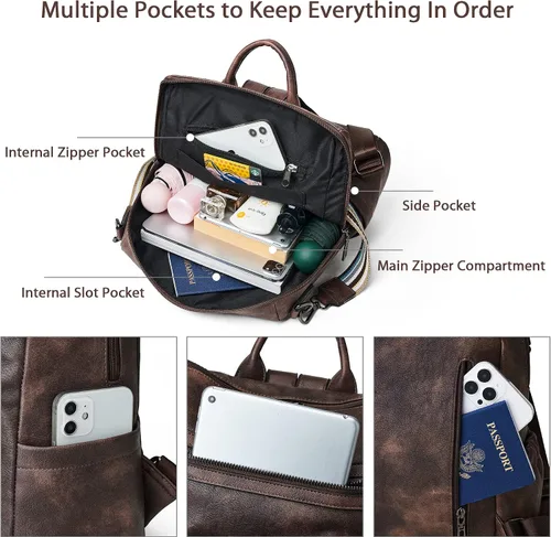 Vista 5 de OPAGE Mochila Bolso para Mujeres de Cuero Diseñador de Moda Mochila Bolso Mochila de Viaje Bolsas de Hombro para Damas con Muñequera, Mochilas