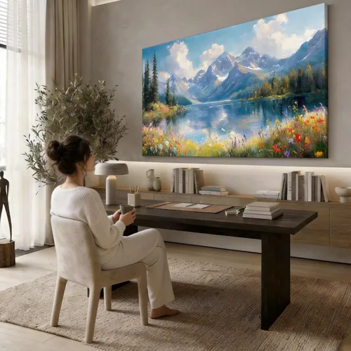 Vista 3 de Inzlove Large Canvas Wall Art 48" L x 24" W - Snow Mountain Lake Landscape Painting, Meadow Wildflowers Art Print, Rustic Farmhouse Decor for Living
