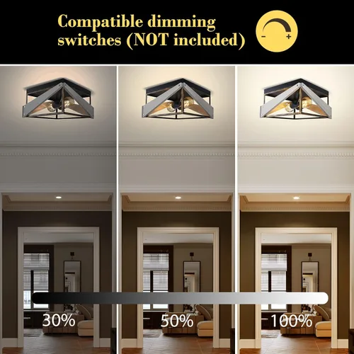 Vista 5 de Lámpara de techo industrial empotrada de 2 luces, lámpara de techo cuadrada de metal y madera, para cocina, pasillo, comedor, entrada, balcón
