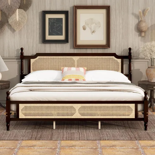 Vista 15 de JIVOIT Cama de plataforma de tamaño King con cabecera de 46.5 pulgadas de alto, marco de plataforma de madera de bambú maciza con listones de madera