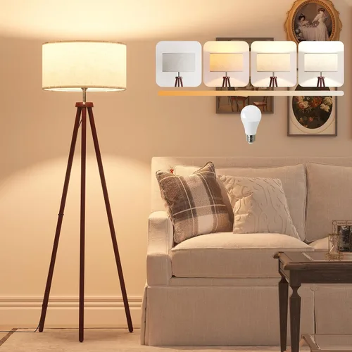 Vista 8 de LiteHistory Lámparas de pie de trípode de madera para sala de estar, dormitorio y oficina, lámpara de pie con pantalla de lino beige, bombilla