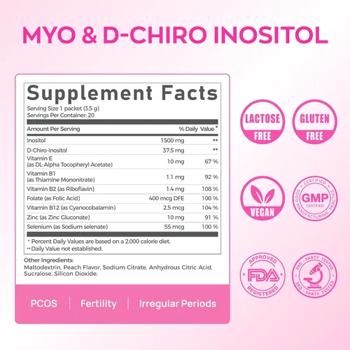 Vista 7 de Gynable - Suplemento de mio-inositol y D-Chiro inositol para mujeres, proporción 40:1, paquetes de mezcla de bebida en polvo de melocotón, apoya