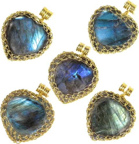 Vista 3 de TUMBEELLUWA Collar de piedra de labradorita de corazón natural para mujer, con colgante de piedra de cristal envuelto en alambre dorado con cadena