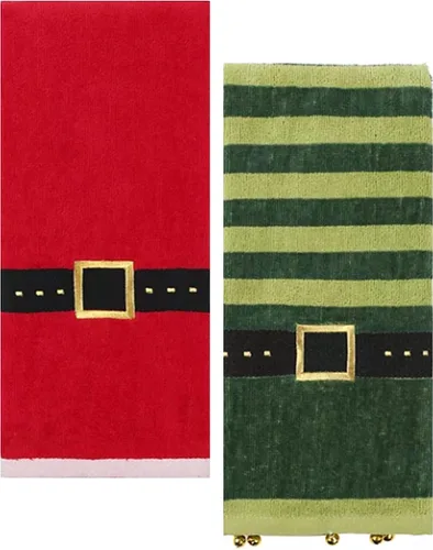 Vista 4 de Toallas de mano de baño, juego de 2, con Papá Noel rojo y elfo verde, diseño decorativo, 25 x 16 pulgadas, decoración de baño para las vacaciones