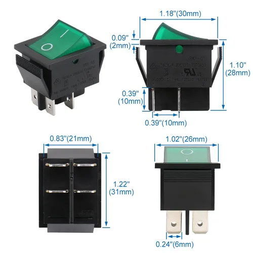 Vista 4 de BAOMAIN Interruptor basculante DPST, encendido/apagado de 4 pines, 16 A, 250 V CA, interruptor de alimentación iluminado con LED verde, reconocido