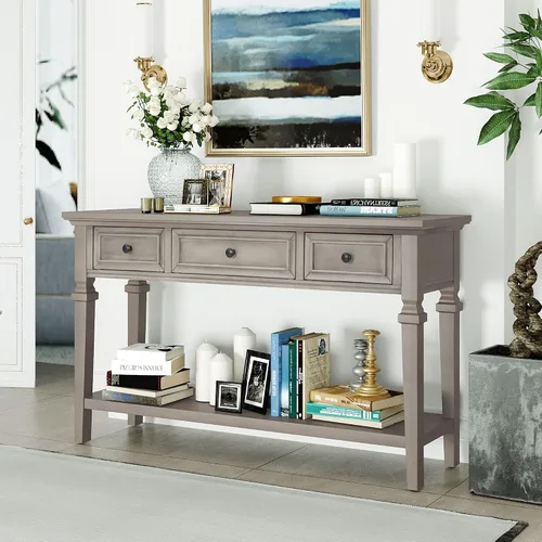 Vista 9 de 50'' Console Table Classic Retro Style Sofa Table with Three Top Drawers and Open Style Bottom Shelf Large Storage Space for Hallway, Entryway