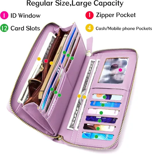 Vista 3 de Badiya Womens Wallet Credit Card Holder RFlD Blocking Leather Zip Around Wallets Large Capacity Wristlet