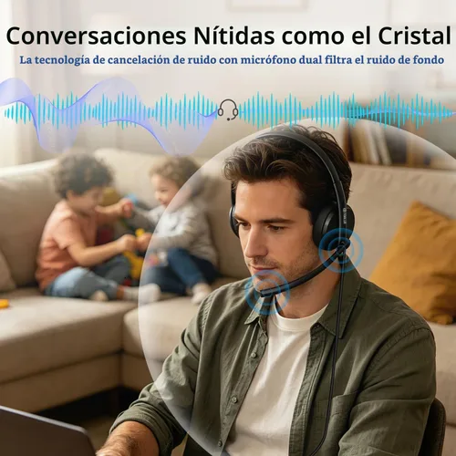 Vista 3 de TOALLIN Auriculares con cable con micrófono, auriculares estéreo USB con micrófono con cancelación de ruido, control de volumen, silencio de una
