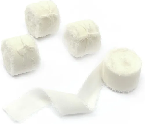 Vista 18 de 4 rollos de 1 pulgada de ancho x 5 yardas de largo, cinta de gasa con flecos hecha a mano, de chifón y seda, con bordes deshilachados