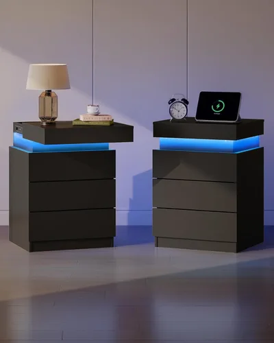 Vista 12 de WLIVE Mesita de noche con estación de carga y luces LED, moderna mesita de noche con 3 cajones y parte superior deslizante, mesa auxiliar con Negro