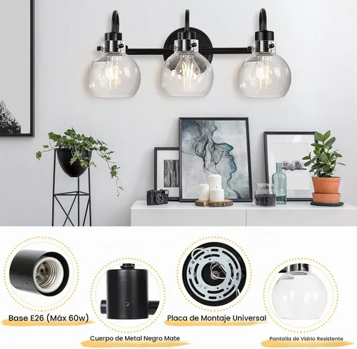 Vista 4 de Lámparas de baño, 3 luces negras, apliques de pared de granja con Negro