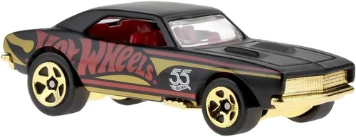 Vista 2 de Hot Wheels - Vehículo coleccionable fundido a presión, edición 55 aniversario, negro y dorado, inspirado en el auto deportivo Chevy Camaro del 67 ~