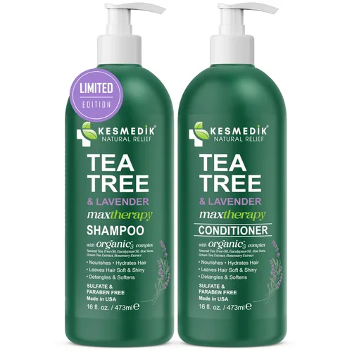 Vista 7 de KESMEDIK Tea Tree - Juego de champú y acondicionador de lavanda con menta y romero, limpia, enfría y alivia la picazón del cuero cabelludo, sin