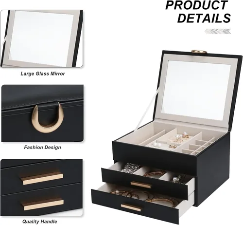 Vista 19 de Elegant Gift Jewelry Box with Mirror - 3-Layer Organizer for Earrings, Rings, Necklaces, Ready to Give for Birthday Anniversary Christmas Apricot