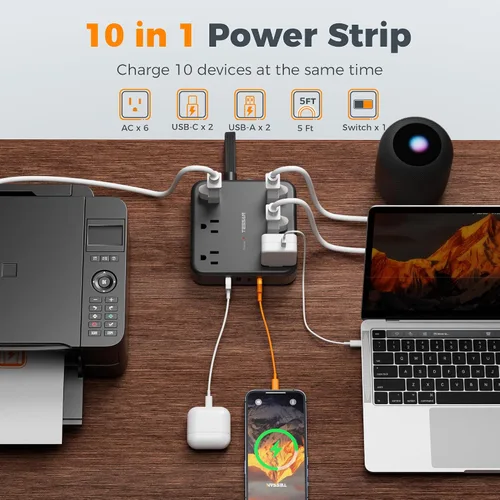 Vista 2 de TESSAN – Regleta de alimentación con USB, cable de extensión con 6 salidas ampliamente espaciadas 2100 Joules Surge Protector Power Strip, 6