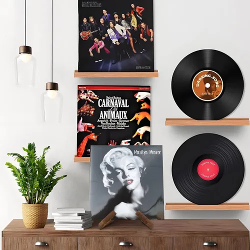 Vista 6 de masteymoh Soporte retro para discos de madera natural, soporte retro para discos de vinilo, soporte de discos de madera negra, soporte de placa