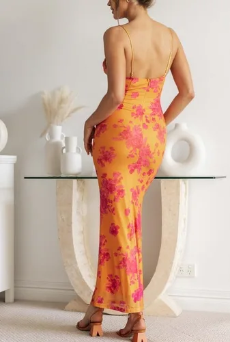 Vista 5 de Vestido largo con estampado de flores para mujer, con tirantes delgados, vestido largo floral, sexy, con tirantes delgados, vestido de cóctel