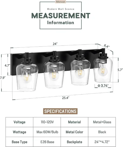 Vista 3 de Lámparas de baño, lámpara de tocador moderna de 4 luces con pantalla en forma de copa de vino de vidrio transparente, accesorios de iluminación Negro