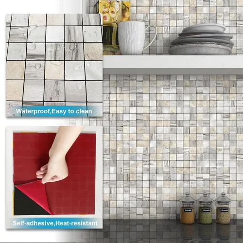 Vista 5 de BeNice - Azulejos de metal para salpicaduras de despegar y pegar, madera rústica, gris, 10