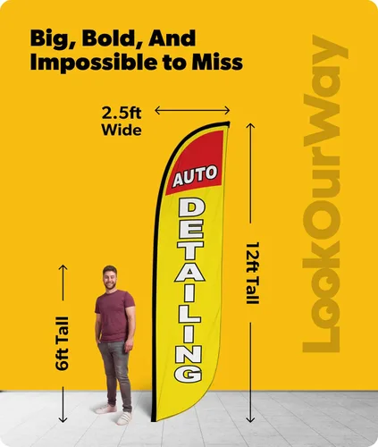 Vista 3 de LookOurWay Bandera de plumas, bandera publicitaria de 12 pies de alto para promoción de negocios y eventos, solo bandera, detalles automáticos