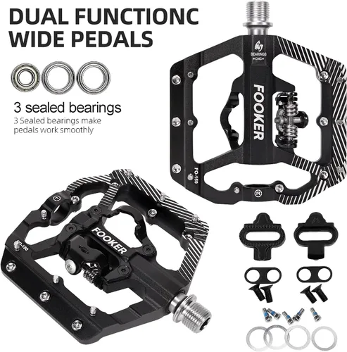 Vista 3 de FOOKER Pedales de bicicleta de montaña MTB, plataforma plana de 3 rodamientos, compatible con doble función sellada de aluminio sin clipless pedales