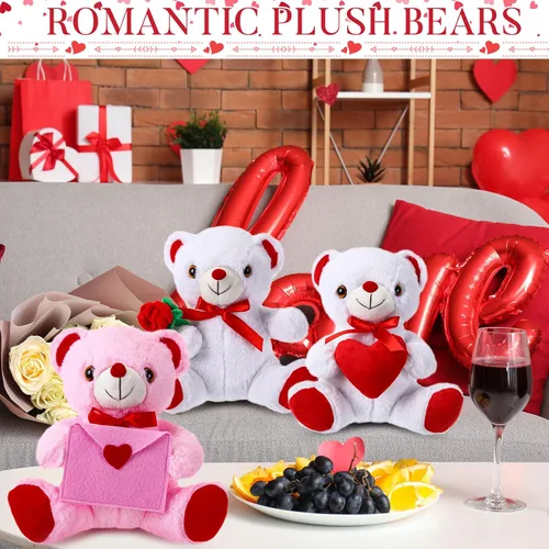 Vista 7 de JellyArch 4 piezas de 11.8 pulgadas de oso de San Valentín, bonitos regalos de oso de peluche para novia sosteniendo rosa y corazón, felpa suave
