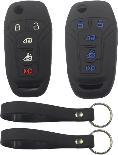 Vista 7 de 2 fundas protectoras de silicona de goma negra con 5 botones para llave de control remoto inteligente sin llave con llavero compatible con Ford 2