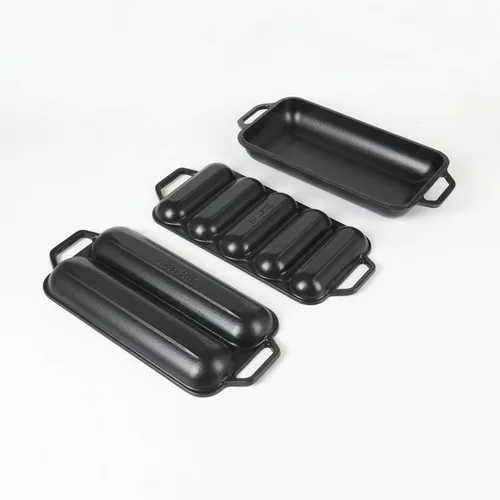 Vista 4 de HAWOK Pan de baguette de hierro fundido pre-sazonado, juego de hornear 3 en 1 con bandeja completa de baguette, mini bandeja de 5 ranuras y bandeja