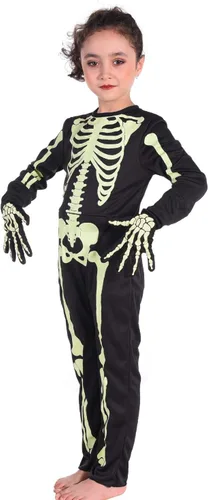 Vista 7 de Disfraz de esqueleto para niños, disfraz de Halloween que brilla en la oscuridad, huesos blancos, traje de cuerpo elástico para niños y niñas