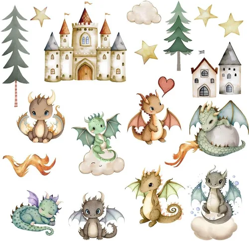 Vista 9 de Calcomanías de pared de dinosaurios de dibujos animados 3D, lindos castillos de dinosaurios para bebé, calcomanías de pared extraíbles de acuarela