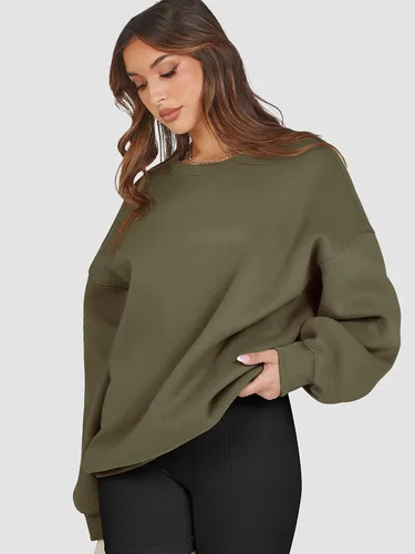 Vista 3 de ATHMILE Sudadera de gran tamaño para mujer, cuello redondo, forro polar, manga larga, sudaderas con capucha, tops de otoño, ropa de moda 2023