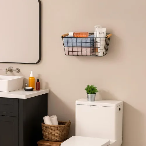 Vista 4 de Cestas colgantes de metal negro con asa, organizador de almacenamiento de pared de alambre con ganchos, cestas adhesivas para cocina, baño