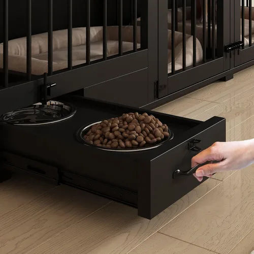 Vista 6 de Mueble estilo jaula para perros grande para 2 perros, perrera de madera resistente de 86.6" con cajones y divisor para comedero de perros, perrera