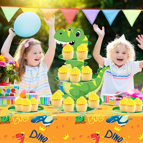 Vista 6 de Soporte de 3 niveles para cupcakes de dinosaurio, decoración de fiesta, soporte para cupcakes de dinosaurio de Anberky con forma de dinosaurio