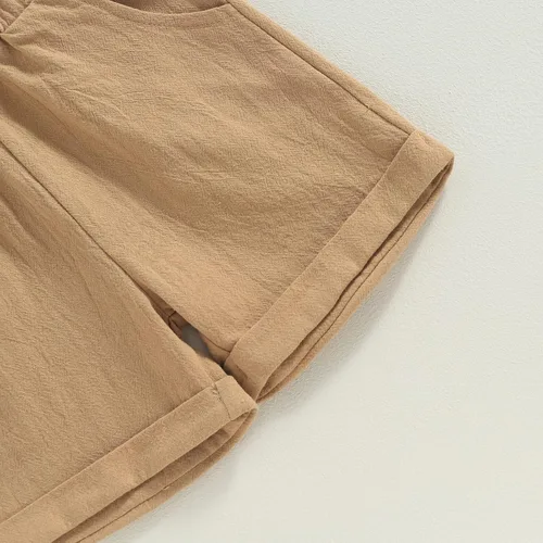 Vista 7 de Karuedoo Conjunto de 2 piezas de ropa de algodón y lino de manga corta con botones y pantalones cortos para el verano A-beige Marrón