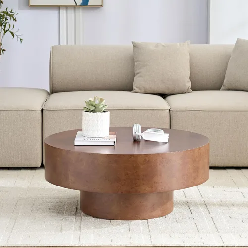 Vista 47 de Mesa de centro redonda de madera de 31.49 pulgadas con almacenamiento, mesa de centro circular acanalada de 2 niveles con tapa y estante para sala