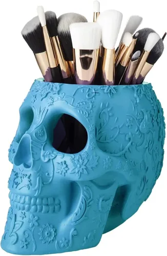 Vista 13 de Soporte para brochas de maquillaje de calavera, soporte para bolígrafos, tocador, escritorio, organizador de oficina, estacionario, maceta Negro