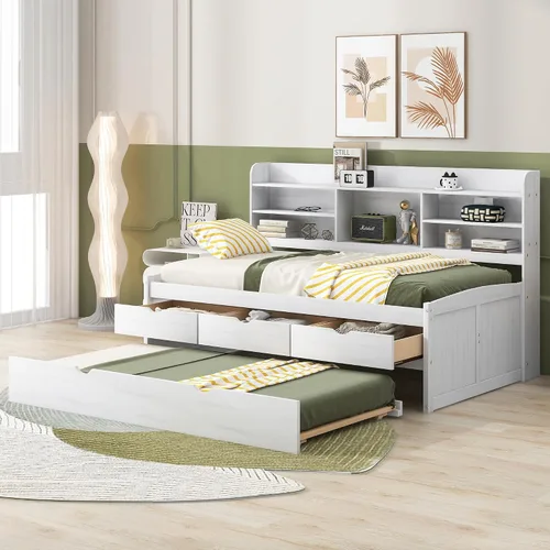 Vista 16 de Harper & Bright Designs Sofá cama de tamaño individual con estantes de almacenamiento, cajones y nido, marco de cama de esquina doble de madera