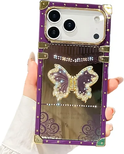 Vista 51 de Funda Rectangular de Lujo Femenina Compatible con iPhone 16 Pro Max Diseñada con Soporte de Anillo de Diamante con Función de Atril