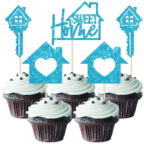 Vista 11 de Gyufise Paquete de 24 adornos para cupcakes Sweet Home con purpurina para inauguración de la casa, para bienvenida, nuevo hogar, fiesta temática