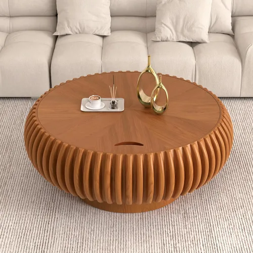 Vista 2 de Mesa auxiliar de tambor con almacenamiento oculto, moderna mesa de centro redonda para sala de estar, mesa central circular con chapa acanalada